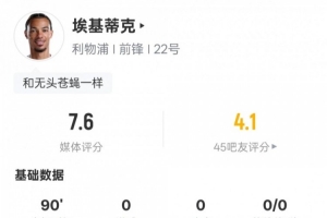 埃基蒂克本场数据：5过人成功1关键传球+错失1进球机会，评分7.6