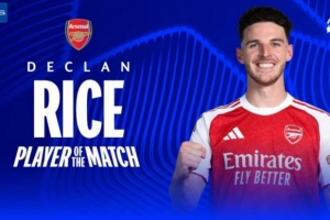 攻防俱佳！赖斯当选阿森纳vs勒沃库森全场最佳球员