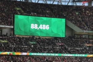 联赛杯决赛阿森纳vs曼城，温布利现场观众人数为88486人